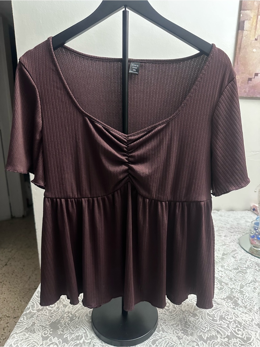 Shein Curve Brown Ruched Peplum Top 1XL Ribbed Short Sleeve NWT
